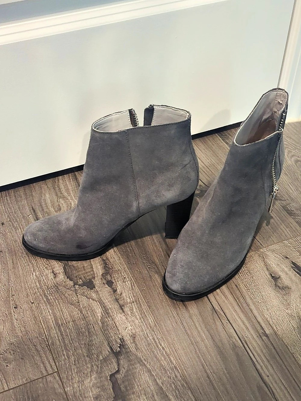 Pennyblack Gray/Black Suede Ankle Boots With Silver Detail On Back 4" Heel